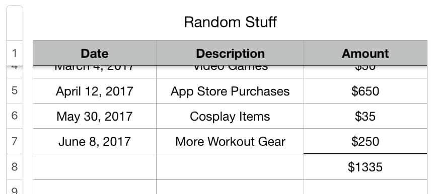 Numbers spreadsheet with a Header Row showing data scrolling