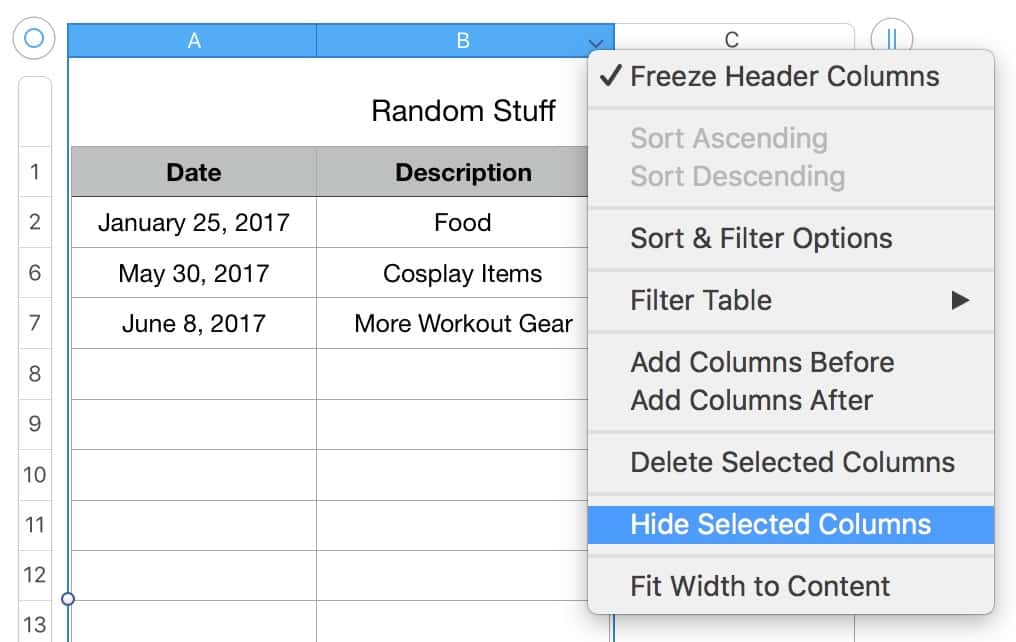 Numbers spreadsheet Hide Columns option