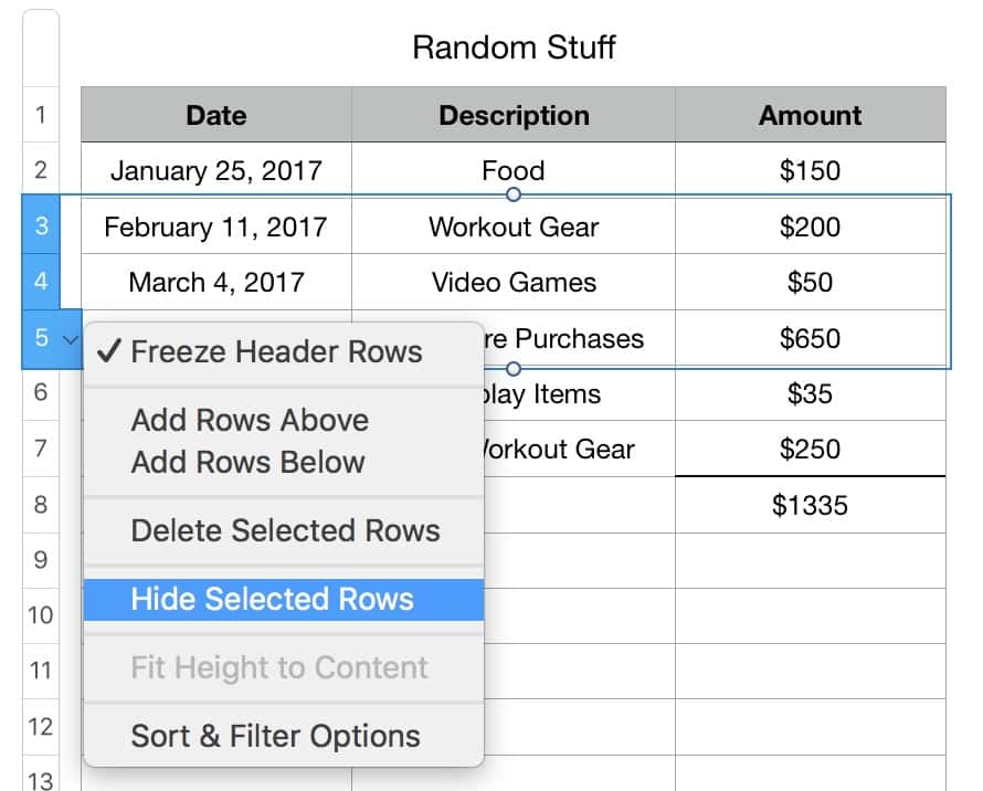 Control-click to Hide Selected Rows in Numbers