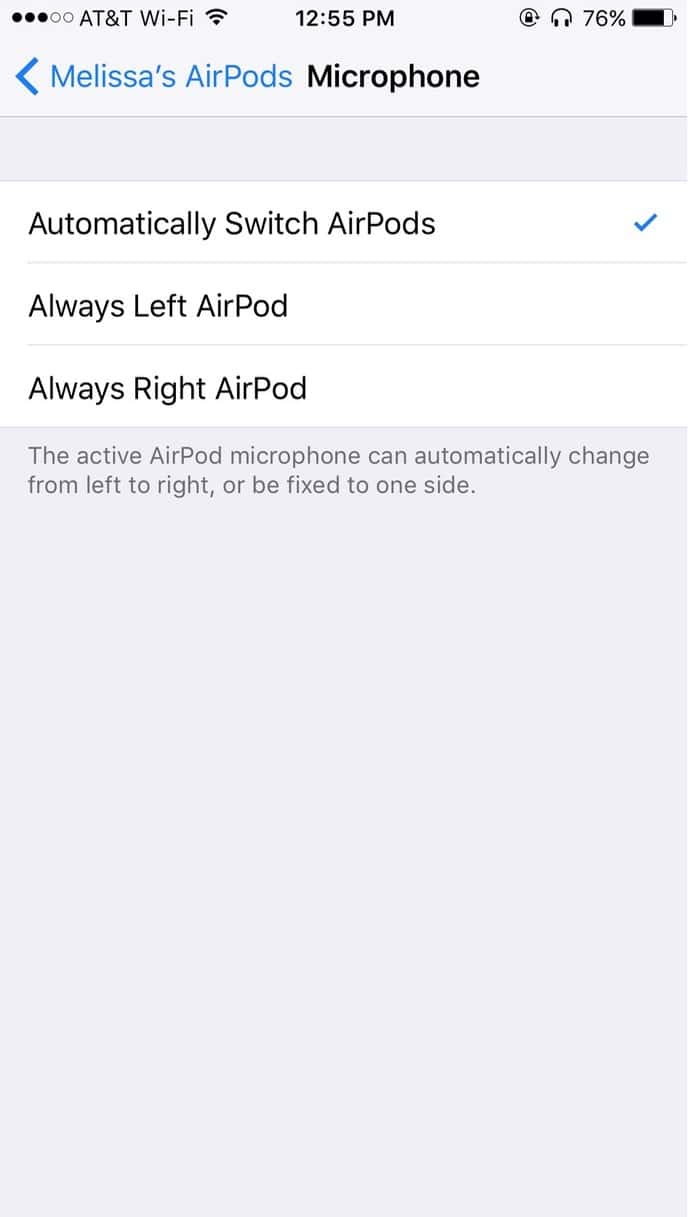 AirPods Microphone Settings include automatically switching, always left, and always right