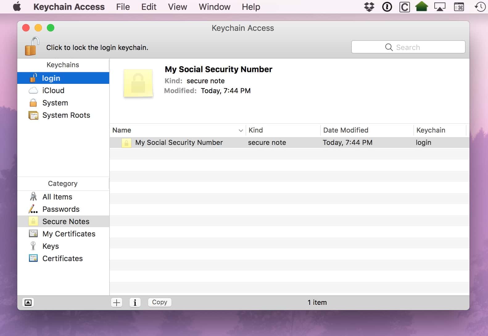 Keychain Access showing the Secure Notes Window
