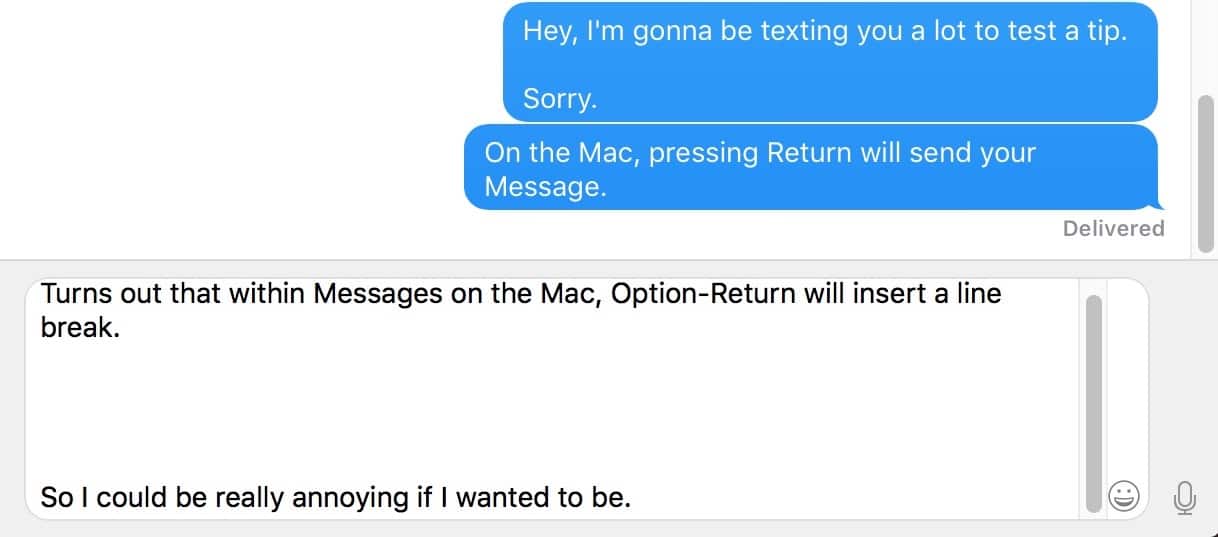 Messages on the Mac using Option-Return to make Line Breaks