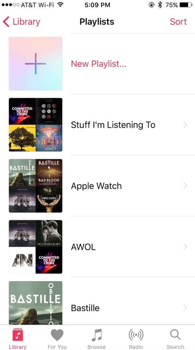iPhone Music app Playlists Screen