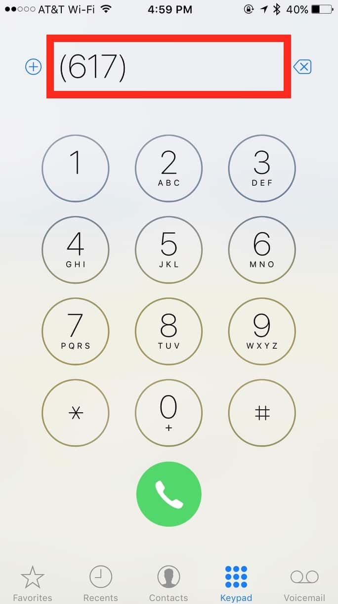 The iPhone keypad showing the Last Number Dialed after tapping the green button