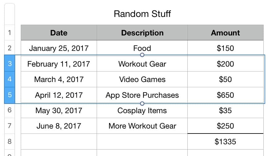 Select Rows in a Numbers spreadsheet to hide them