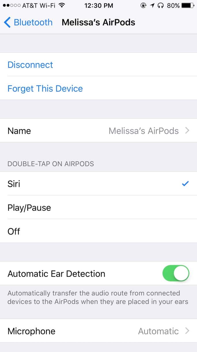 AirPods have settings for double-tap, automatic ear detection, and the microphone