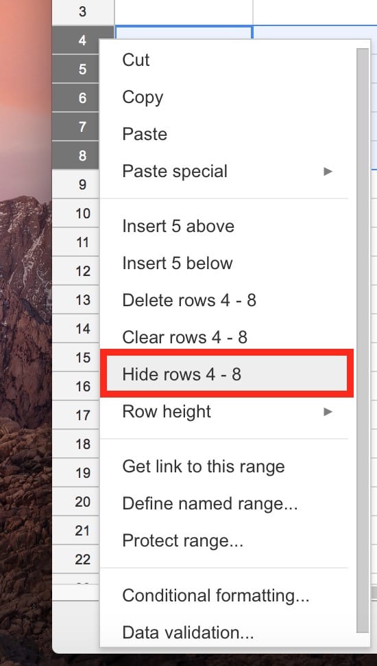 Control-click to Hide Rows in Google Sheets