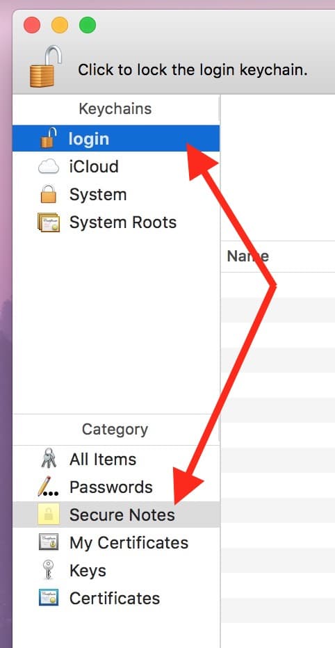 Keychain Access Sidebar showing Secure Notes