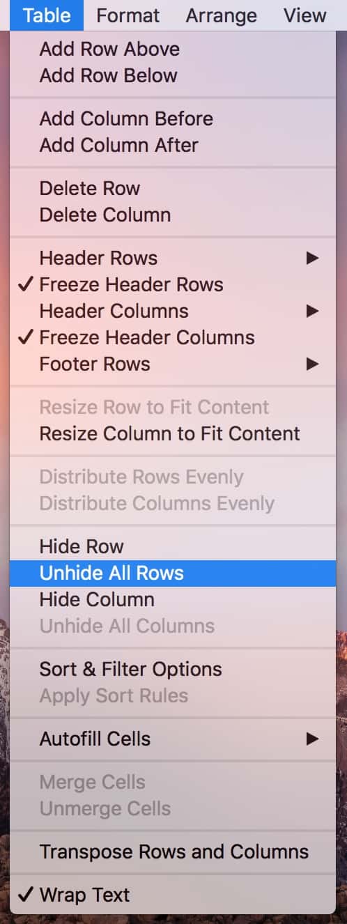 Use the Numbers Table Menu to unhide all rows