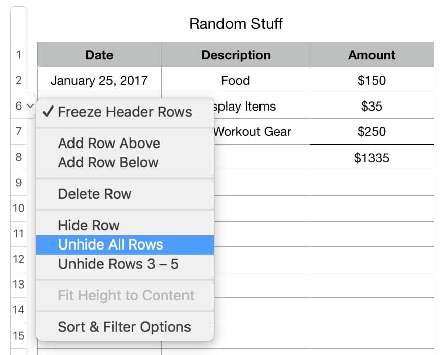 Control-click a row number to Unhide All Rows