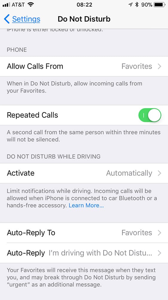 iOS 11 Do Not Disturb While Driving settings