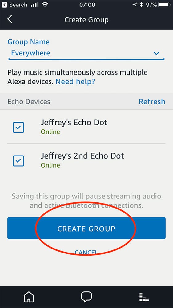 Finishing the Alexa app multi-room music setup for Echo devices