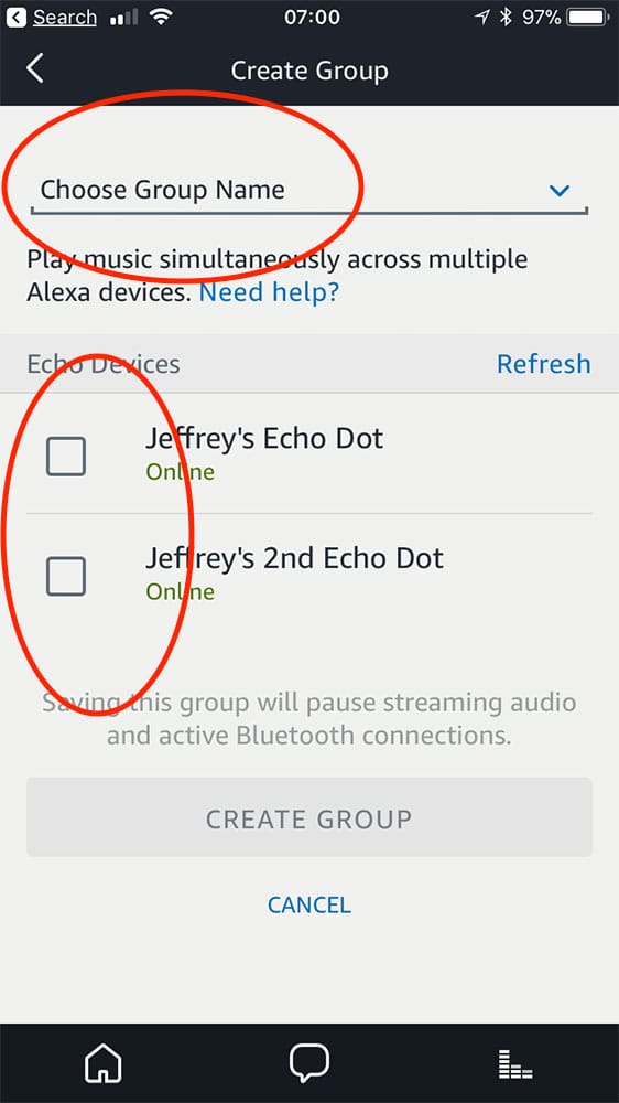 Alexa app setting up an Echo device group for streaming music