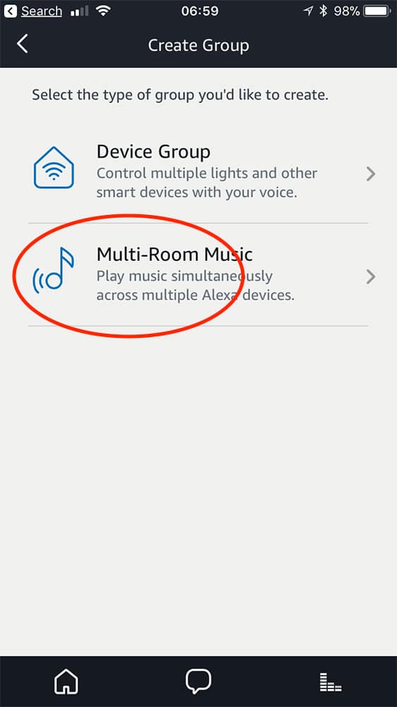 Alexa app Multi-Room Music option for setting up multiple Echo devices to stream music together