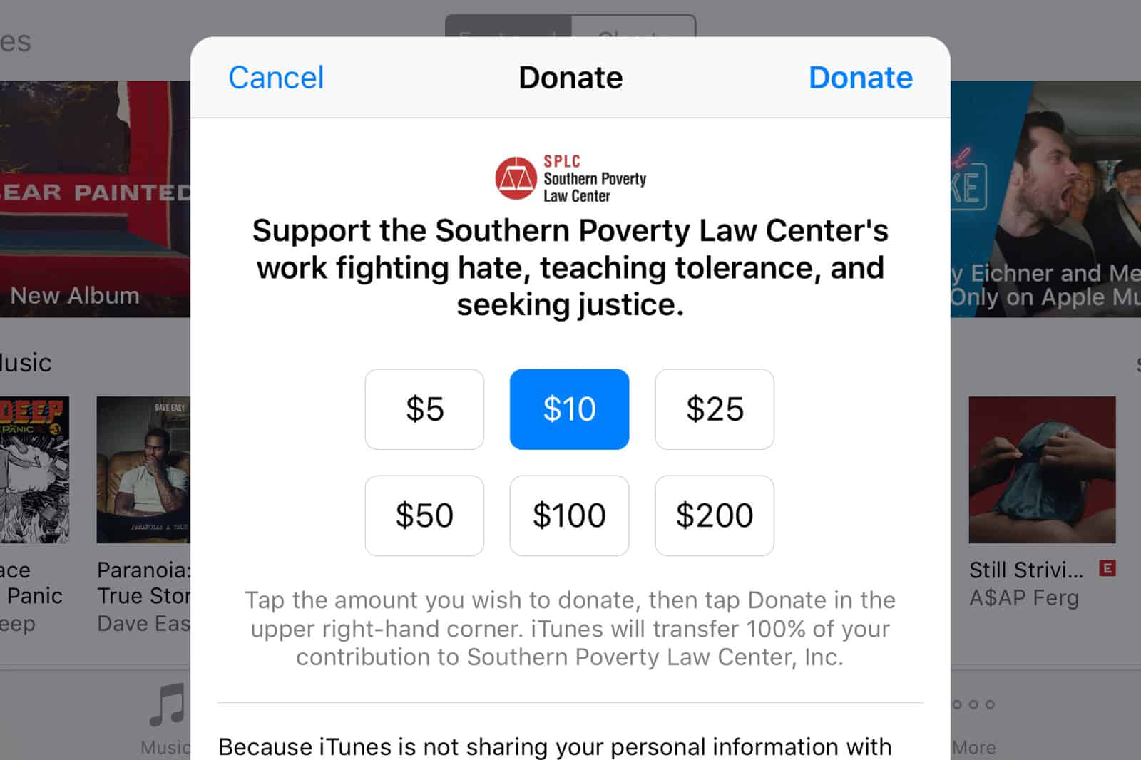 Image of SPLC donations page in iTunes.