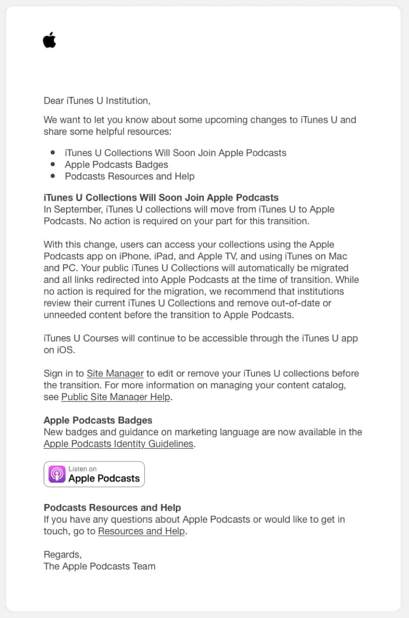 iTunes U collections letter to institutions.