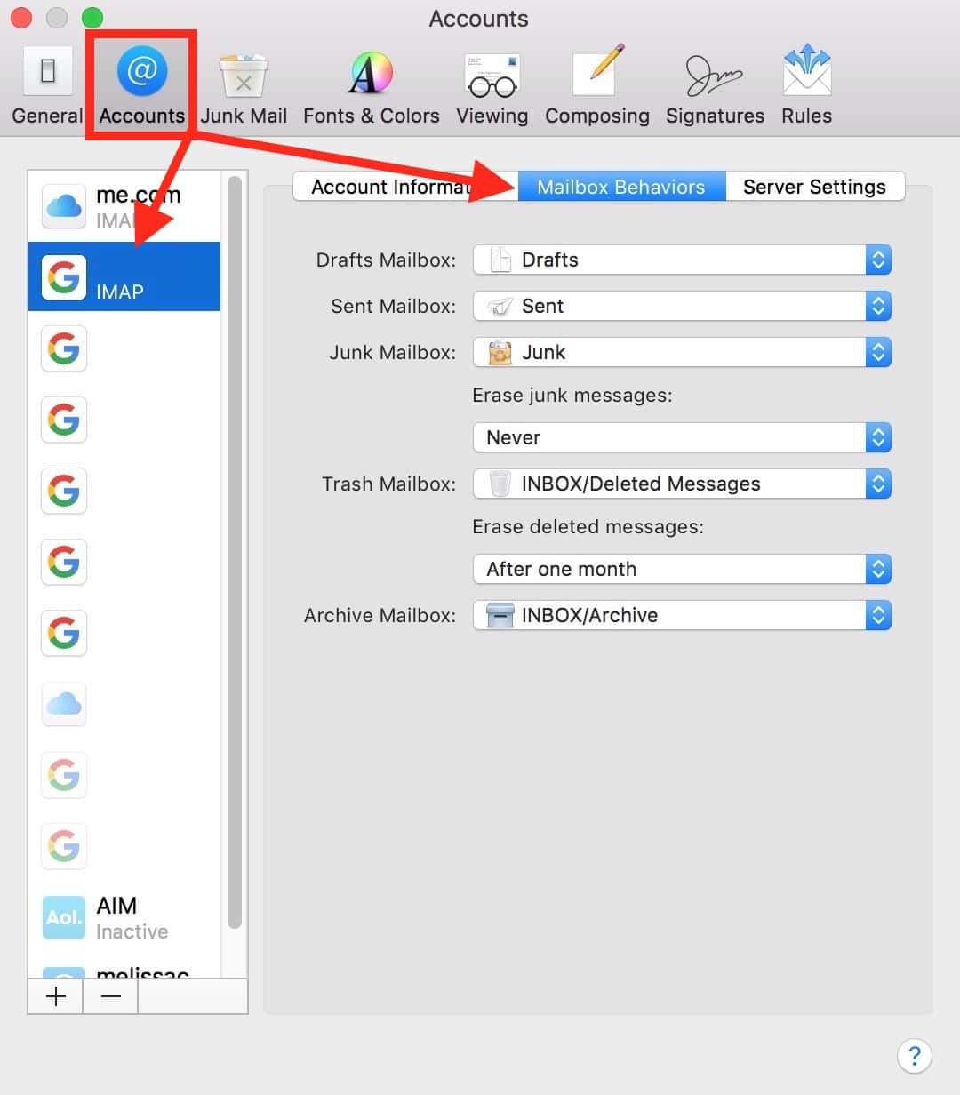 Accounts Tab in Mail preferences shows you mailbox behaviors