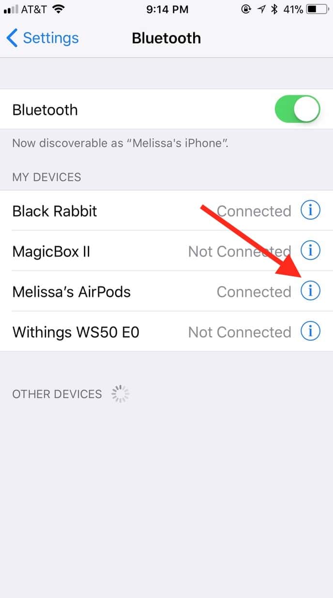 Tap the i Icon Next to AirPods in Bluetooth to see their settings