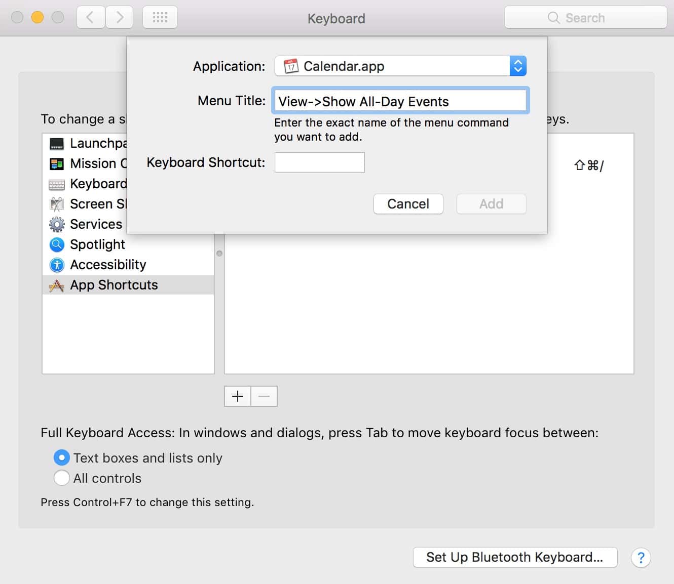 Adding a new custom keyboard shortcut