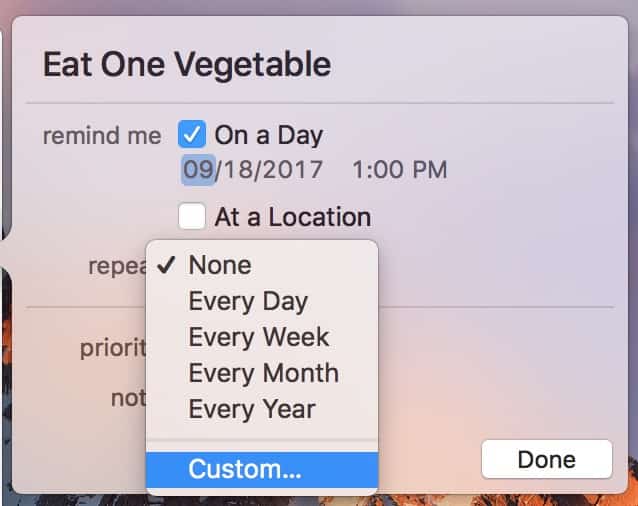 Custom Repeats opens the view to create your schedule for Reminders tasks