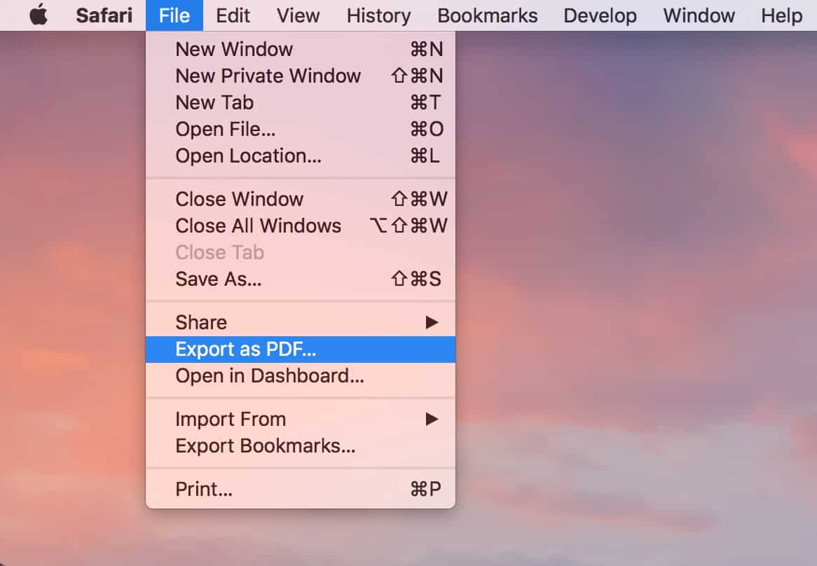 Finding Safari's Export as PDF command before making a keyboard shortcut