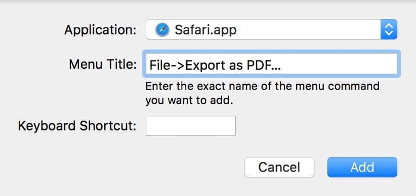 Making an Export as PDF custom keyboard shortcut