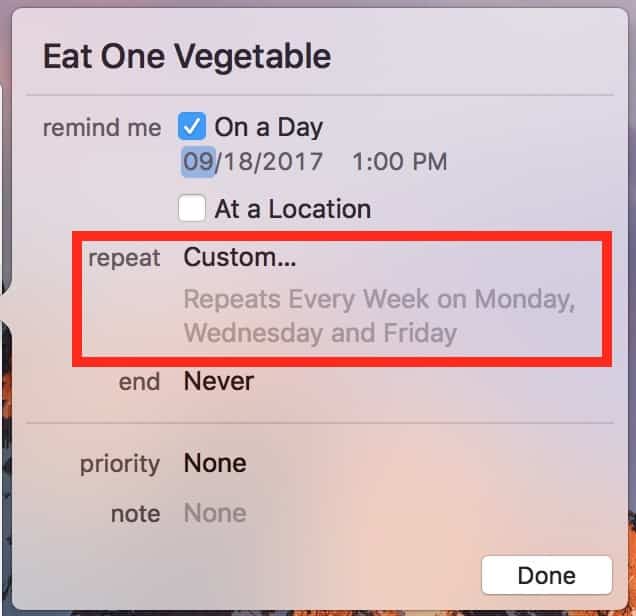 Completed custom Reminders schedule shown in easy to read words like Repeats Every Week on Monday, Wednesday, and Friday