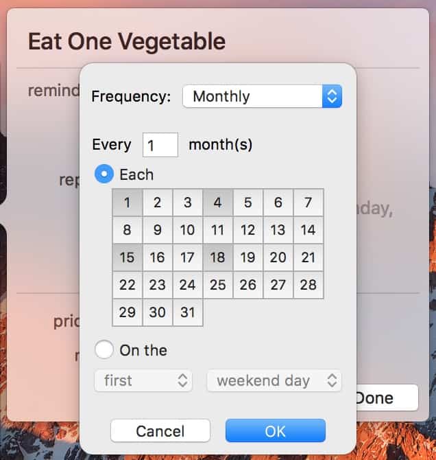 Reminders tasks can be set to repeat on specific days every month in Monthly Options
