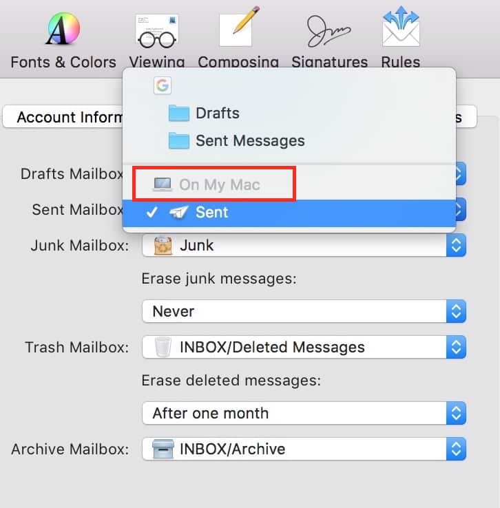 Sent Mailbox Settings lets you change where sent email messages are stored