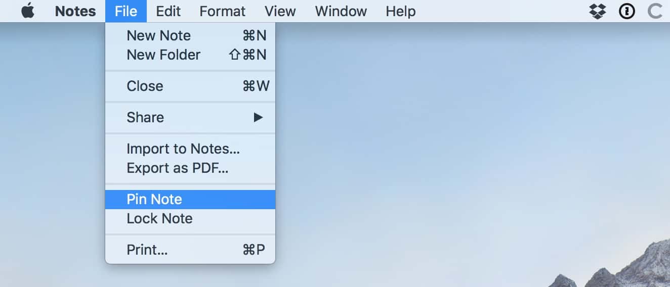 Notes File Menu showing Pin Note option