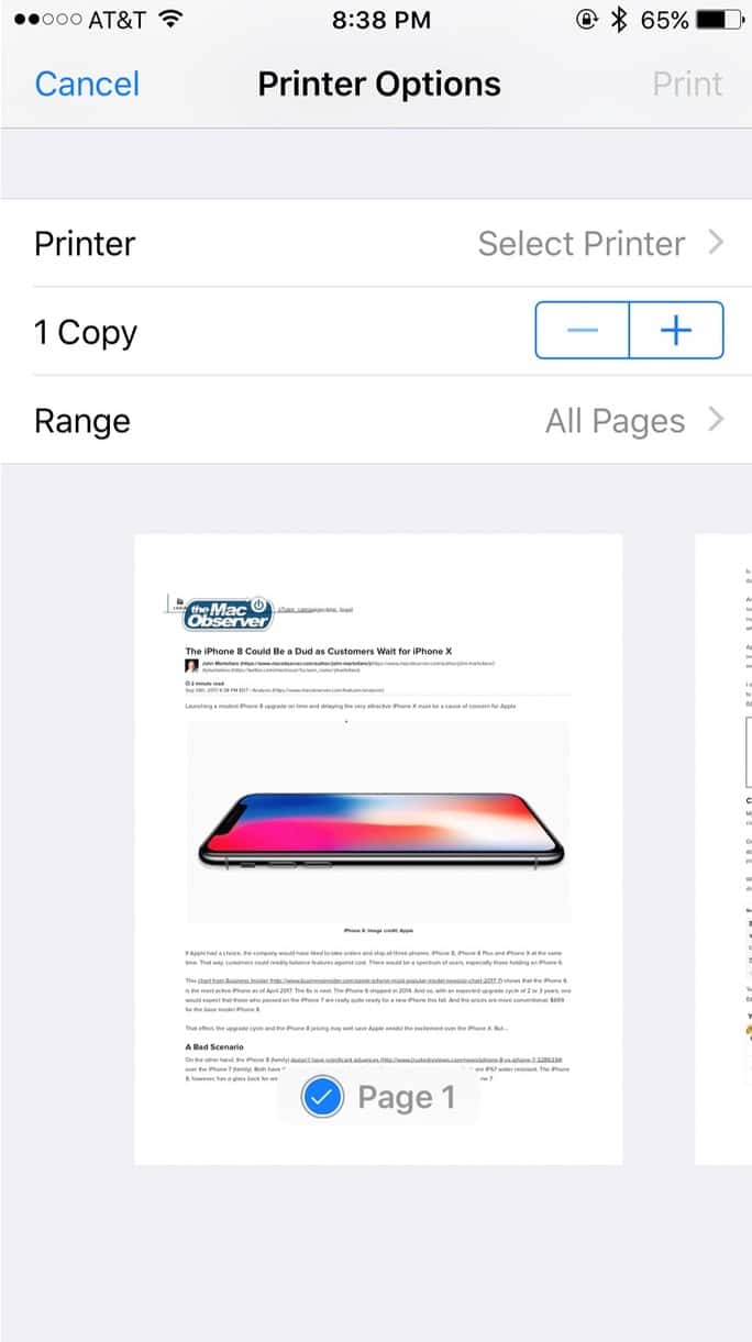 Print Preview in Printer Option in iOS 10