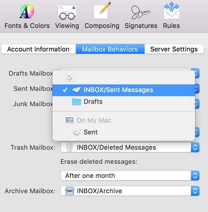 Changing Sent Mailbox Settings from "On My Mac" to your IMAP server