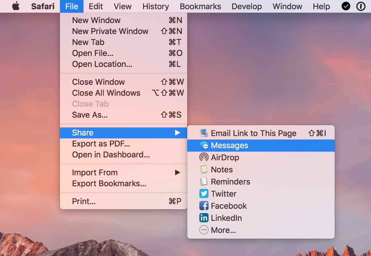 Use app menus to see the exact command name like Share to Messages in Safari