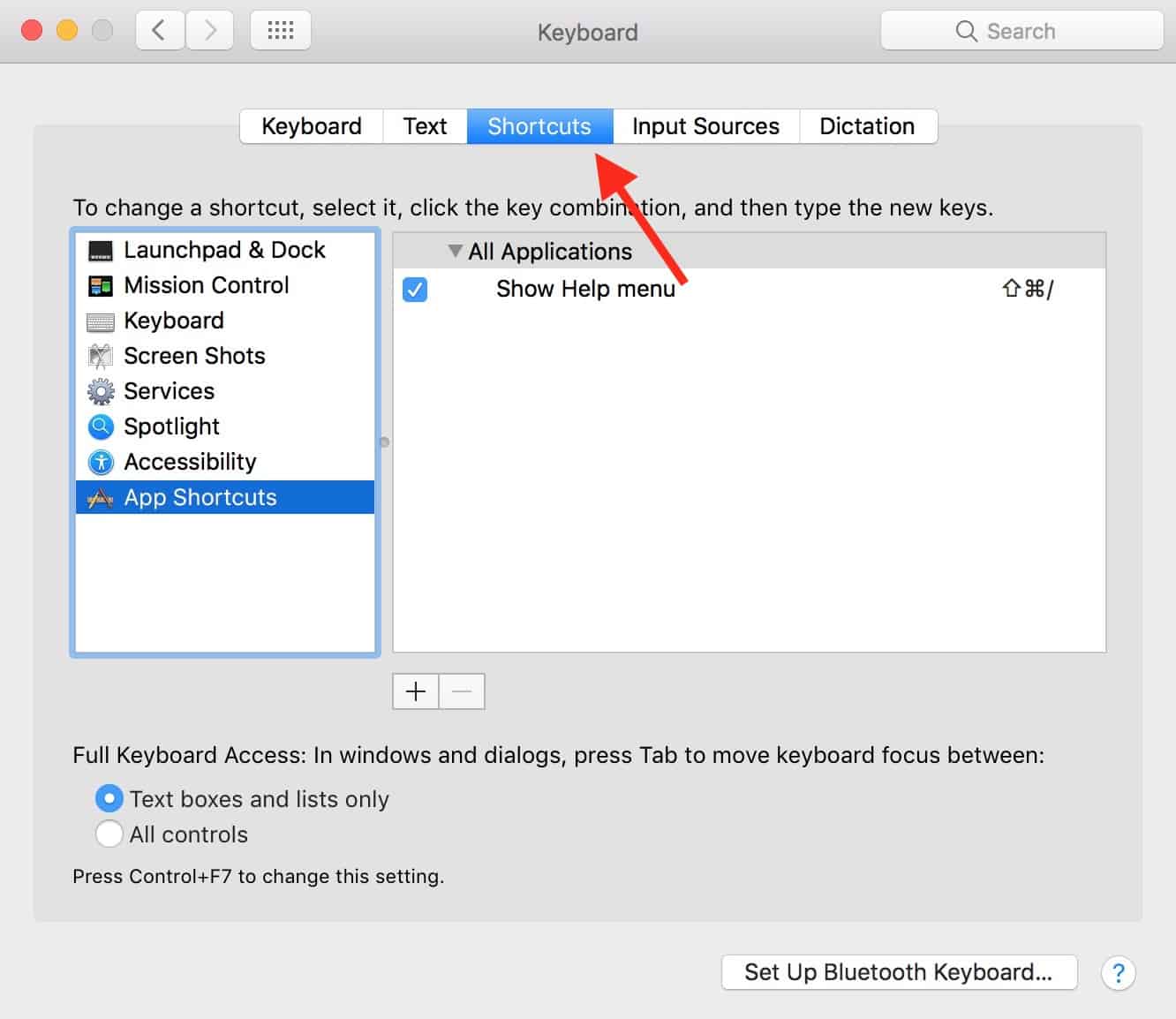 Shortcuts Tab in Keyboard preferences for adding custom keyboard shortcuts