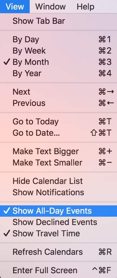 macOS Calendar View Menu without a keyboard shortcut for Show All-Day Events