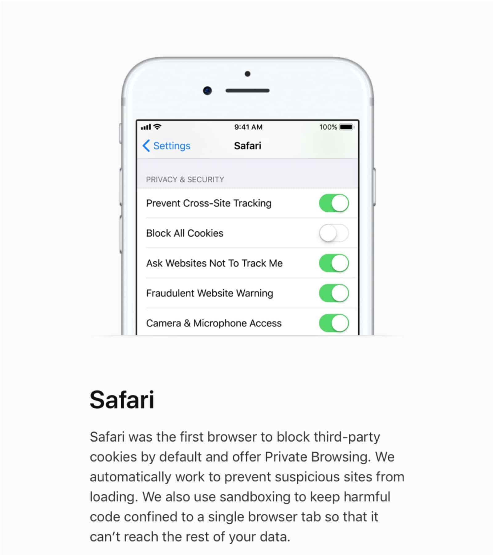 Screenshot of iPhone with Safari privacy information on the Apple privacy page.