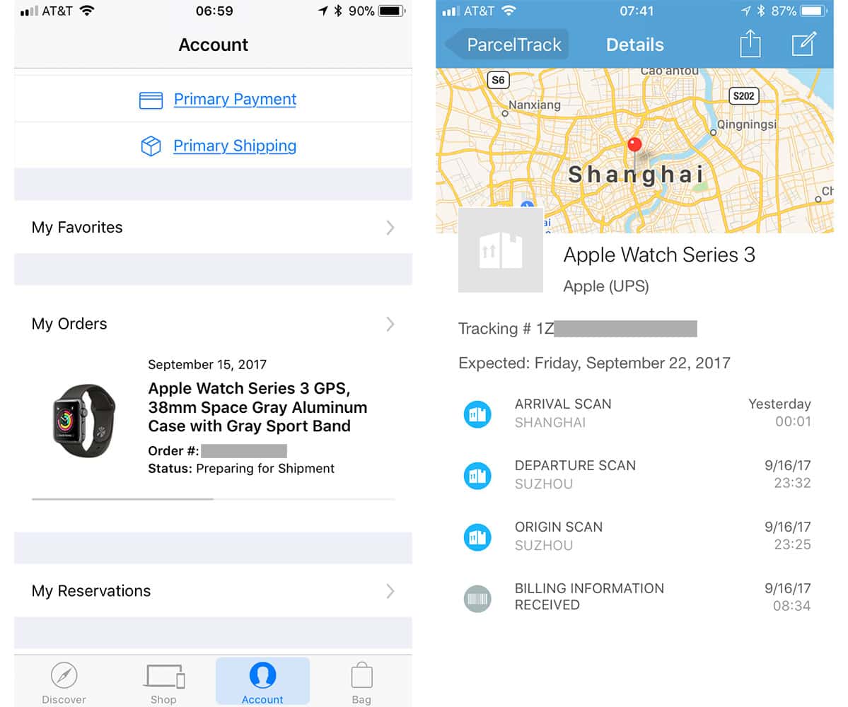 Apple Store app and ParcelTrack showing Apple Watch shipping status