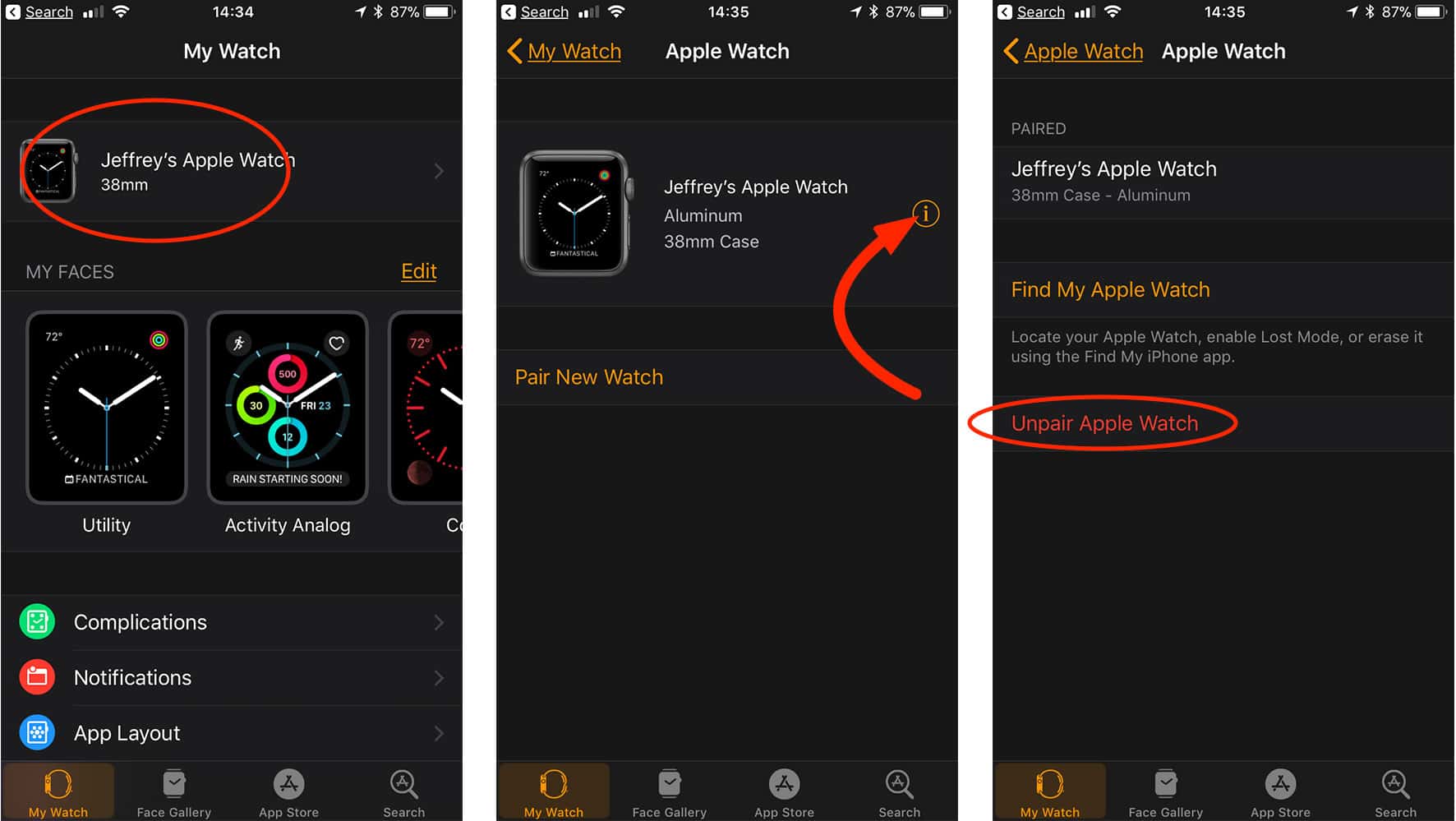 Apple Watch unpairing process on iPhone