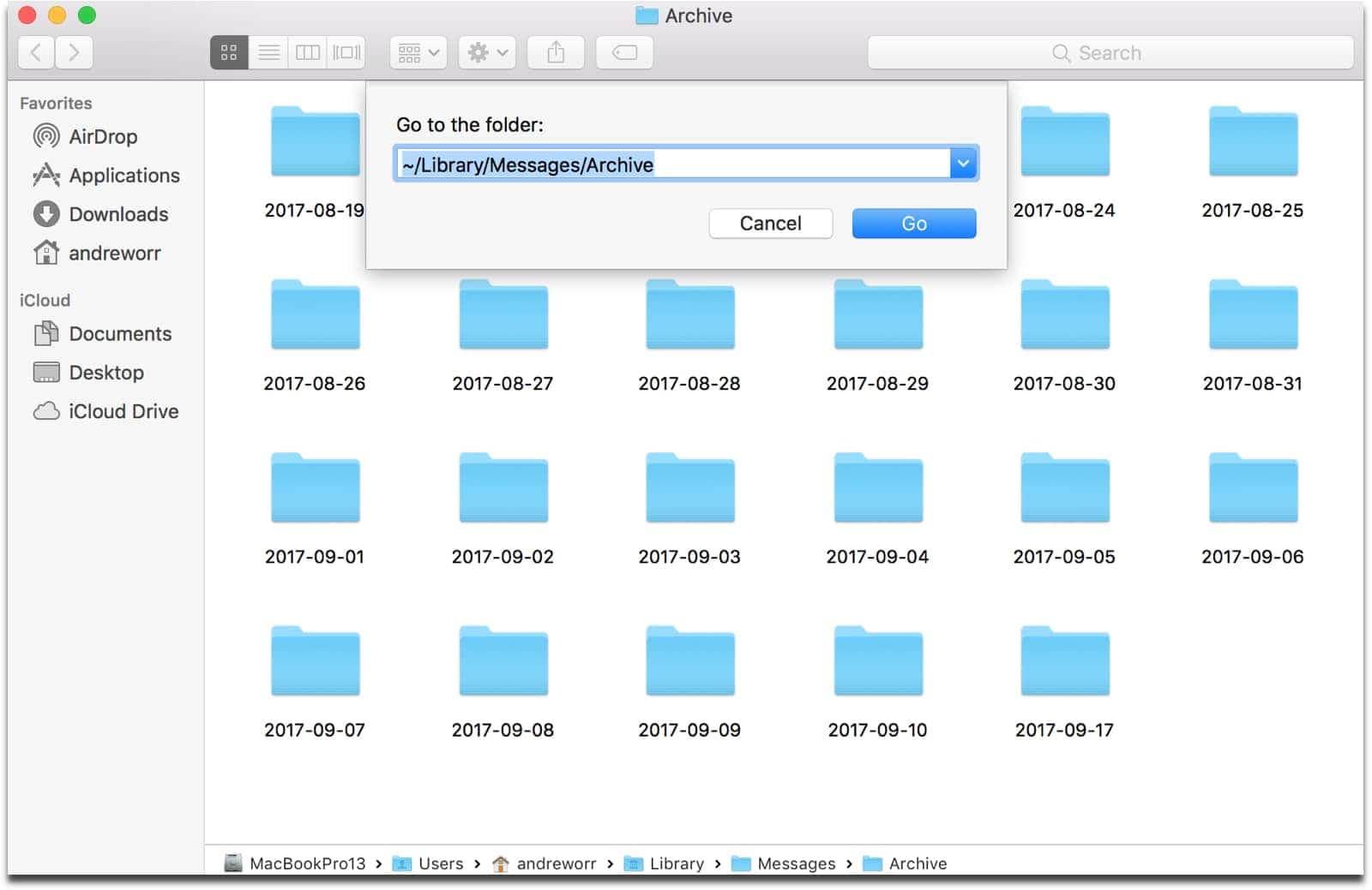 Screenshot of the messages folder. This lets you archive iMessages.