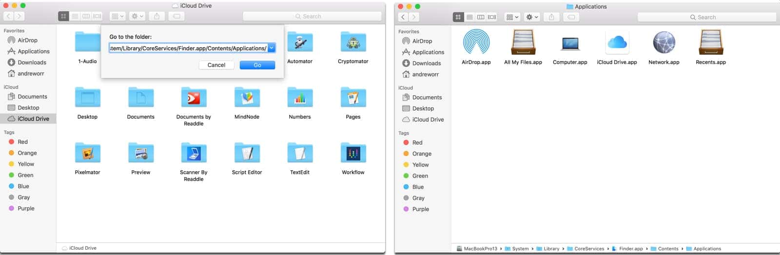 Screenshot of the directory where the iCloud Drive icon is hidden.