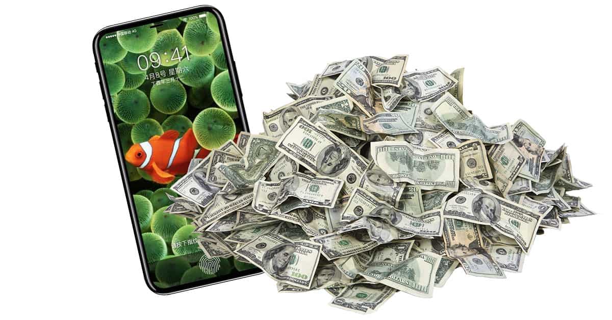 iPhone 8 with a big pile of money