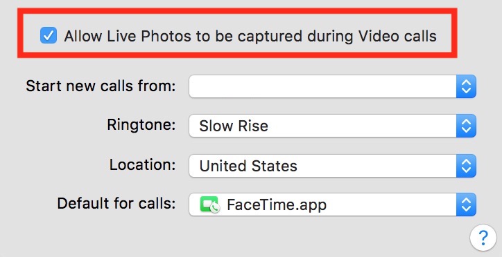 Checkbox to Turn Off in macOS FaceTime to disable Live Photos