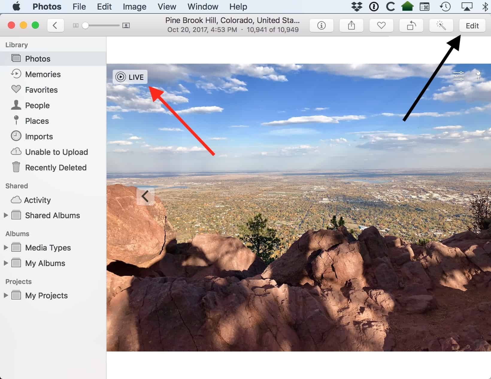 Edit Button in Photos' Window in macOS High Sierra lets you edit your Live Photos