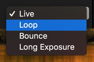 macOS Photos Live Photos editor Effects Drop-Down showing Loop, Bounce, Long Exposure