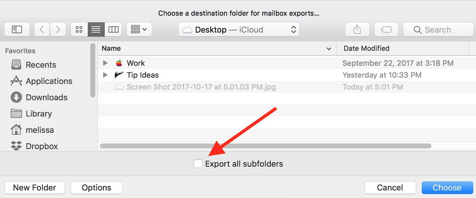 macOS Mail Export Mail dialog showing "Export all subfolders" Checkbox