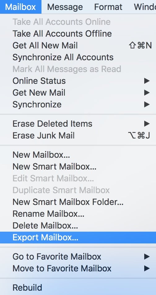 macOS Mail Mailbox Menu showing Export Mailbox