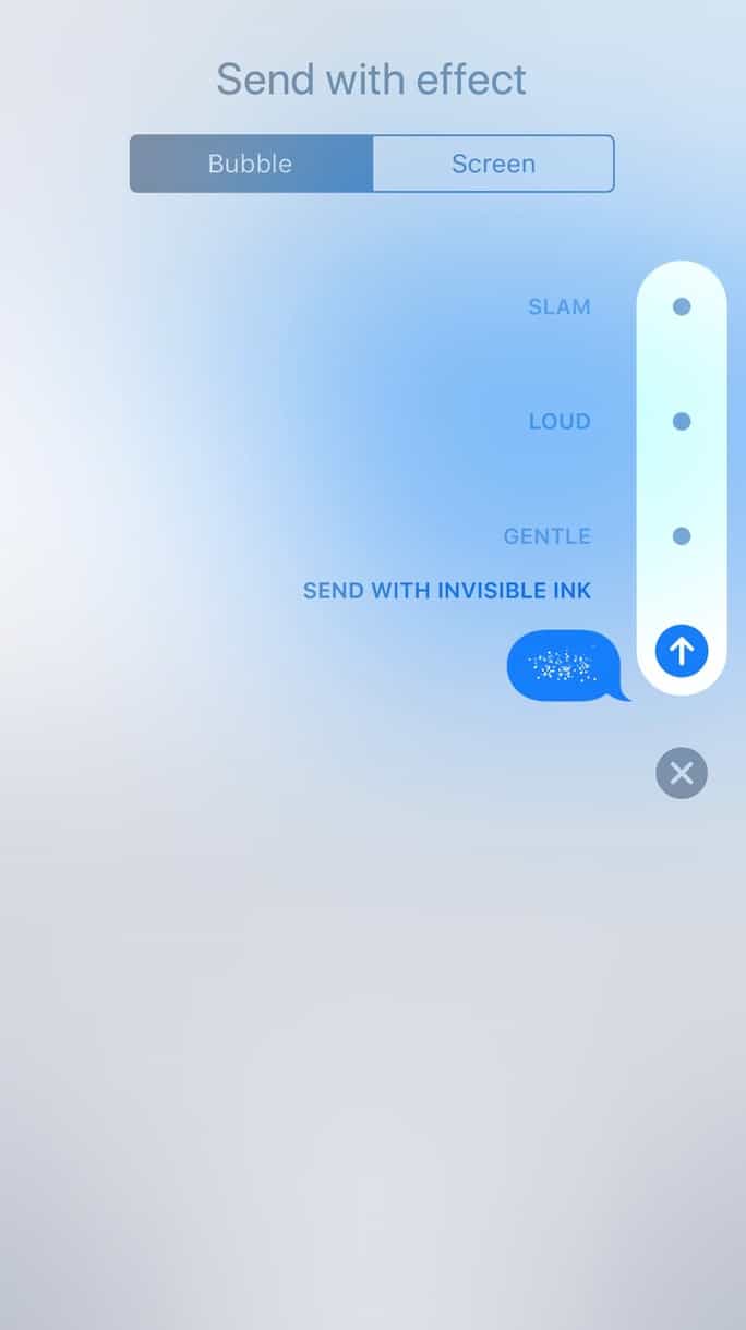 Messages Bubble tab showing Invisible Ink Effect