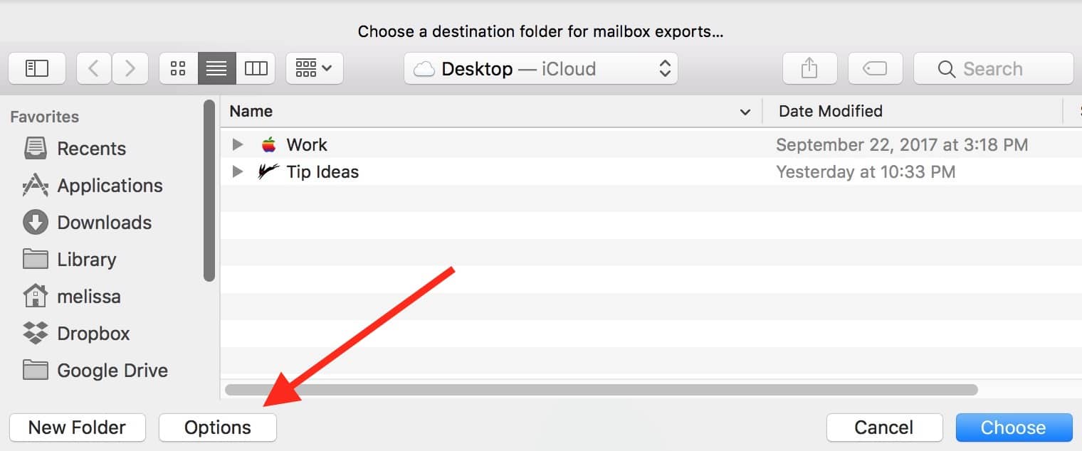 macOS Mail Export Mail dialog Options Button