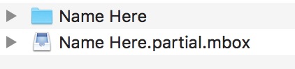 macOS Mail Mailbox Export showing email export in progress with "partial" in the file name