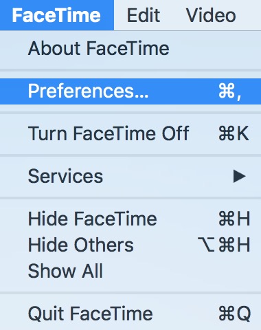 macOS FaceTime Menu showing Preferences